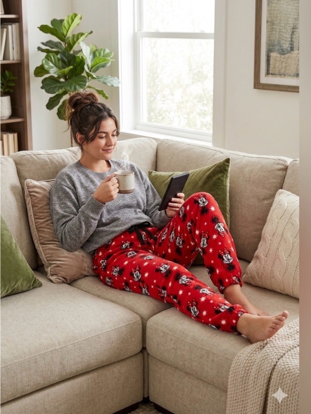 Disney Minnie Mouse Fleece Lounge Pants Large L Red All Over Print Pajamas Cozy - Picture 1 of 4
